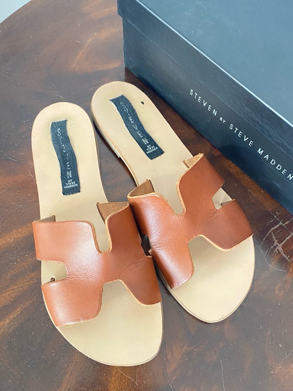 Steven by Steve Madden Dark Cognac Leather Slide Sandals 6.5
